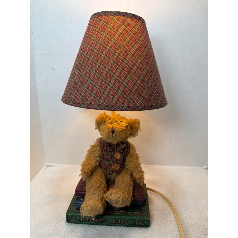 VTG 80s T.I.C. Teddy Bear Table Lamp Brown Plaid Books Academic Nursery Decor